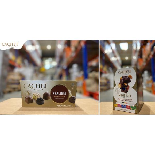 Cachet Caramel & Sea Salt (32% cacao) 21704 300 g, Cachet Almonds and Raisins (32% cacao) 21722 300 g, Cachet Extra Dark (70% cacao) 21706 300 g, Cachet Almonds (32% cacao) 21721 300 g, Cachet Dark (54% cacao) 21705 300 g, Cachet Milk (32% cacao) 21701 300 g, Cachet Hazelnut (54% cacao) 21724 300 g, Cachet Almonds (54% cacao) 21723 300 g, Cachet Hazelnut (32% cacao) 21702 300 g, Cachet Creamy Milk 21427 100 g, Cachet Extra Dark (70% cacao) 100 g, Cachet 70% 21371 Cacao Extra Dark 100 g, Cachet Caramel & Sea Salt 21431 100 g, Cachet 57% 21374 Peppermint Flavour none, Cachet Almonds & Orange 21421 100 g, Cachet Almonds & Pear (57% cacao) 21422 100 g, Cachet 57% 21456 Lemon & Peper 100 g, Cachet Ginger & Blackberry Flavour (57% cacao) 21423 100 g, Cachet Peru (64% cacao) 21404 100 g, Cachet Uganda (80% cacao) 21406 100 g, Cachet Extremely Dark (90% cacao) 21425 100 g, Cachet Coconut White 21813 100 g, Cachet Extra Dark (85% cacao) 21426 100 g, Cachet Extra Dark Sea Salt (70% cacao) 21429 100 g, Cachet Costa Rica (71% cacao) 21405 100 g, Cachet Brownie & Pretzel (31% cacao) 22132 180 g, Cachet Caramel & Sea Salt, 22133 180 g, Cachet Hazelnut (31% cacao) 21432 100 g, Cachet Salty Roasted Corn (31% cacao) 21430 100 g, Cachet Cherry (57% cacao) 21424 100 g, Cachet Almonds & Honey 100 g, Cachet Coconut & Pineapple (57% cacao) 100 g, Cachet Almonds & Sea Salt (57% cacao) 100 g, Cachet Extra Dark (70% cacao) 21428 100 g, Cachet Almonds & Nougat (32% cacao)) 21703 300 g, Cachet Tanzania (72% cacao) 21407 100 g, Cachet Minis MIX (Milk & dark chocolates) 12131 185 g, Cachet Minis Red (Extra dark chocolate 70%) 12132 185 g, Cachet Minis Green (Milk chocolates with hazelnut) 12133 185 g, Cachet Minis Mix Gold (Milk & dark chocolate) 12134 1000 g, Cachet Pralines (Milk, Dark, White) 12129 250 g, Cachet Display (48 x 45-50g) 22150 (BOX) 50 g, Cachet Hazelnut 21702 300 g, Cachet In Love with Raspberry 21435 100 g, Cachet Christmas Edition (Red) 20492 100 g, Cachet Christmas Edition (White) 20493 100 g, Cachet Christmas Edition (Black) 20490 100 g, Cachet Cameroon (80% cacao) 21408 100 g, Cachet Cornflakes, 22144 180 g, Cachet Dark (54% cacao) 29010 500 g, Cachet Milk (32% cacao) 29011 500 g, Cachet Yoghurt Raspberry 45 g, Cachet Coffee Cream 45 g, Cachet Caramel&Sea Salt 45 g, Cachet Coconut&Cookie 45 g, Cachet Hazelnut Pieces 45 g, Cachet Hazelnut Cream 45 g