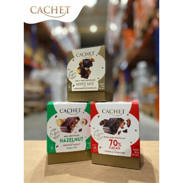 Cachet Caramel & Sea Salt (32% cacao) 21704 300 g, Cachet Almonds and Raisins (32% cacao) 21722 300 g, Cachet Extra Dark (70% cacao) 21706 300 g, Cachet Almonds (32% cacao) 21721 300 g, Cachet Dark (54% cacao) 21705 300 g, Cachet Milk (32% cacao) 21701 300 g, Cachet Hazelnut (54% cacao) 21724 300 g, Cachet Almonds (54% cacao) 21723 300 g, Cachet Hazelnut (32% cacao) 21702 300 g, Cachet Creamy Milk 21427 100 g, Cachet Extra Dark (70% cacao) 100 g, Cachet 70% 21371 Cacao Extra Dark 100 g, Cachet Caramel & Sea Salt 21431 100 g, Cachet 57% 21374 Peppermint Flavour none, Cachet Almonds & Orange 21421 100 g, Cachet Almonds & Pear (57% cacao) 21422 100 g, Cachet 57% 21456 Lemon & Peper 100 g, Cachet Ginger & Blackberry Flavour (57% cacao) 21423 100 g, Cachet Peru (64% cacao) 21404 100 g, Cachet Uganda (80% cacao) 21406 100 g, Cachet Extremely Dark (90% cacao) 21425 100 g, Cachet Coconut White 21813 100 g, Cachet Extra Dark (85% cacao) 21426 100 g, Cachet Extra Dark Sea Salt (70% cacao) 21429 100 g, Cachet Costa Rica (71% cacao) 21405 100 g, Cachet Brownie & Pretzel (31% cacao) 22132 180 g, Cachet Caramel & Sea Salt, 22133 180 g, Cachet Hazelnut (31% cacao) 21432 100 g, Cachet Salty Roasted Corn (31% cacao) 21430 100 g, Cachet Cherry (57% cacao) 21424 100 g, Cachet Almonds & Honey 100 g, Cachet Coconut & Pineapple (57% cacao) 100 g, Cachet Almonds & Sea Salt (57% cacao) 100 g, Cachet Extra Dark (70% cacao) 21428 100 g, Cachet Almonds & Nougat (32% cacao)) 21703 300 g, Cachet Tanzania (72% cacao) 21407 100 g, Cachet Minis MIX (Milk & dark chocolates) 12131 185 g, Cachet Minis Red (Extra dark chocolate 70%) 12132 185 g, Cachet Minis Green (Milk chocolates with hazelnut) 12133 185 g, Cachet Minis Mix Gold (Milk & dark chocolate) 12134 1000 g, Cachet Pralines (Milk, Dark, White) 12129 250 g, Cachet Display (48 x 45-50g) 22150 (BOX) 50 g, Cachet Hazelnut 21702 300 g, Cachet In Love with Raspberry 21435 100 g, Cachet Christmas Edition (Red) 20492 100 g, Cachet Christmas Edition (White) 20493 100 g, Cachet Christmas Edition (Black) 20490 100 g, Cachet Cameroon (80% cacao) 21408 100 g, Cachet Cornflakes, 22144 180 g, Cachet Dark (54% cacao) 29010 500 g, Cachet Milk (32% cacao) 29011 500 g, Cachet Yoghurt Raspberry 45 g, Cachet Coffee Cream 45 g, Cachet Caramel&Sea Salt 45 g, Cachet Coconut&Cookie 45 g, Cachet Hazelnut Pieces 45 g, Cachet Hazelnut Cream 45 g