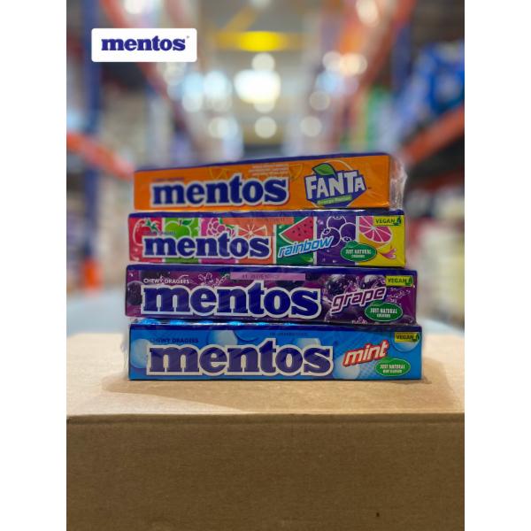 Mentos Fanta (20 шт) 38 g, Mentos Fruit (8*20 шт) 38 g, Mentos Fresh Cola (25x3) 37,5 g, Mentos Mint (8*40 шт) 38 g, Mentos Rainbow (8*20 шт) 37,5 g, Mentos Grape (20шт) 38 g, Mentos Lemon & Mint (Лимон і М'ята) 240 ml, Mentos Fruity Mix (Фруктовий Мікс) 240 ml, Mentos Apple (Яблуко) 240 ml, Mentos Pure Fresh 100 g, Mentos Fruit (25x3) 38 g, Mentos BubbleCool (35 драже) (4*6шт) 70 g, Mentos Fresh Mint (35 драже) (4*6шт) 70 g, Mentos Sweet Mint (35 драже) (4*6шт) 70 g, Mentos Citrus (35 драже) 64 g, Mentos Spearmint (35шт.) 70 g, Mentos Full Fruits (35 драже) (4*6шт) 70 g, Mentos Strawberry (35 драже) (4*6шт) 70 g, Mentos Strong (35 драже) (4*6шт) 70 g, Mentos Fruit Mix Mini (120 х 10,4 g) none, Mentos Rainbows (12*30шт.) 28,6 g, Mentos Mint 28,6 g, Mentos Orange/Strawberry (12*30шт.) 28,6 g, Mentos Fruit Mix 160 g, Mentos Fanta Orange Flavour 160 g, Mentos Red Fruit Mix 160 g, Mentos Fruit 2*36 38 g, Mentos Cherry (35шт.) (4*6шт) 70 g, Mentos Fruit (40 шт) 38 g, Mentos Sour Tones 140 g