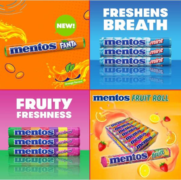 Mentos Fanta (20 шт) 38 g, Mentos Fruit (8*20 шт) 38 g, Mentos Fresh Cola (25x3) 37,5 g, Mentos Mint (8*40 шт) 38 g, Mentos Rainbow (8*20 шт) 37,5 g, Mentos Grape (20шт) 38 g, Mentos Lemon & Mint (Лимон і М'ята) 240 ml, Mentos Fruity Mix (Фруктовий Мікс) 240 ml, Mentos Apple (Яблуко) 240 ml, Mentos Pure Fresh 100 g, Mentos Fruit (25x3) 38 g, Mentos BubbleCool (35 драже) (4*6шт) 70 g, Mentos Fresh Mint (35 драже) (4*6шт) 70 g, Mentos Sweet Mint (35 драже) (4*6шт) 70 g, Mentos Citrus (35 драже) 64 g, Mentos Spearmint (35шт.) 70 g, Mentos Full Fruits (35 драже) (4*6шт) 70 g, Mentos Strawberry (35 драже) (4*6шт) 70 g, Mentos Strong (35 драже) (4*6шт) 70 g, Mentos Fruit Mix Mini (120 х 10,4 g) none, Mentos Rainbows (12*30шт.) 28,6 g, Mentos Mint 28,6 g, Mentos Orange/Strawberry (12*30шт.) 28,6 g, Mentos Fruit Mix 160 g, Mentos Fanta Orange Flavour 160 g, Mentos Red Fruit Mix 160 g, Mentos Fruit 2*36 38 g, Mentos Cherry (35шт.) (4*6шт) 70 g, Mentos Fruit (40 шт) 38 g, Mentos Sour Tones 140 g