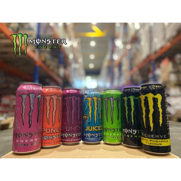Monster Pipeline Punch 500 ml, Monster Punch Mixxd 500 ml, Monster White Pinapple 500 ml, Monster Aussie Lemonade 500 ml, Monster Ultra Paradise (Zero Sugar) 500 ml, Monster Energy Green 500 ml, Monster Ultra Rosa (Zero Sugar) 500 ml, Monster Lewis Hamilton (Zero Sugar) 500 ml, Monster Pacific Punch 500 ml, Monster Bad Apple 500 ml, Monster Ultra Gold Pineapple (Zero Sugar) 500 ml, Monster Ultra (Zero Sugar) 500 ml, Monster Monarch 500 ml, Monster The Doctor Rossi 500 ml, Monster Ultra Fiesta Mango (Zero Sugar) 500 ml, Monster Rio Punch 500 ml, Monster Mango Loco 500 ml, Monster Rehab 500 ml, Monster Rehab Peach 500 ml, Monster Green (Zero Sugar) 500 ml, Monster Ultra Watermelon (Zero Sugar) 500 ml, Monster Ultra Strawberry Dreams (Zero Sugar) 500 ml, Monster Ultra Peachy Keen (Zero Sugar) 500 ml, Monster Khaotic 500 ml